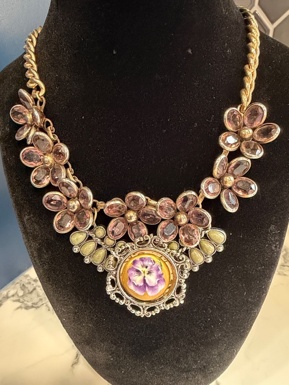 Vintage Floral Statement Necklace in Pink and Gold - Women's Jewelry 15 in.